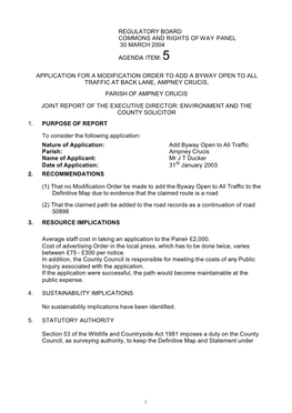 Regulatory Board Commons and Rights of Way Panel 30 March 2004 Agenda Item: 5 Application for a Modification Order to Add a Bywa