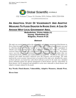 An Analytical Study of Vulnerability and Adaptive Measures to Flood Disaster in Rivers State: a Case of Ahoada West Local Government Area