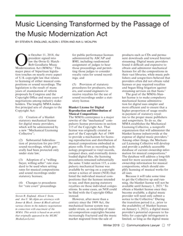 Music Licensing Transformed by the Passage of the Music Modernization Act