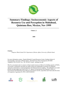 Summary Findings: Socioeconomic Aspects of Resource Use and Perception in Mahahual, Quintana Roo, Mexico, Nov 1999 ______