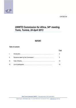 UNWTO Commission for Africa, 54Th Meeting, Tunis, Tunisia, 24 April 2013