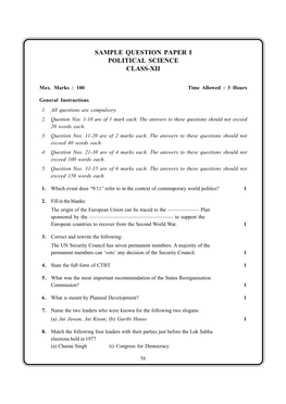 Sample Question Paper I Political Science Class-Xii