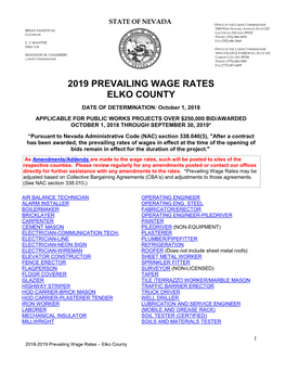 2019 Prevailing Wage Rates Elko County