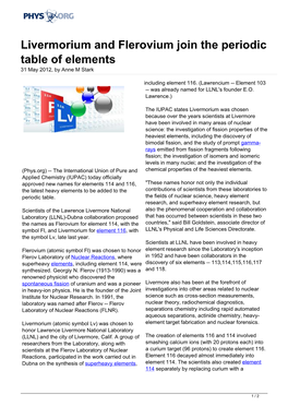 Livermorium and Flerovium Join the Periodic Table of Elements 31 May 2012, by Anne M Stark