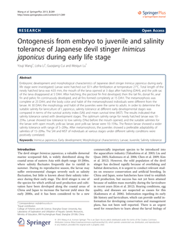 Ontogenesis from Embryo to Juvenile and Salinity Tolerance of Japanese Devil Stinger Inimicus Japonicus During Early Life Stage