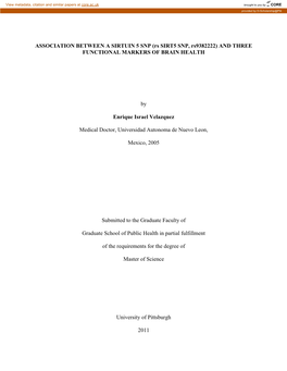 ASSOCIATION BETWEEN a SIRTUIN 5 SNP (Rs SIRT5 SNP, Rs9382222) and THREE FUNCTIONAL MARKERS of BRAIN HEALTH