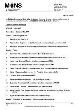 Le 07/12/2020 Le Collège Communal De La Ville De Mons a L'honneur De