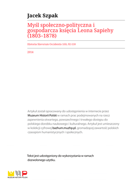 Jacek Szpak Myśl Społeczno-Polityczna I Gospodarcza Księcia Leona Sapiehy (1803–1878)