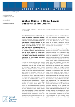 Water Crisis in Cape Town: Lessons to Be Learnt