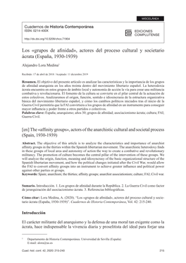 Grupos De Afinidad», Actores Del Proceso Cultural Y Societario Ácrata (España, 1930-1939)