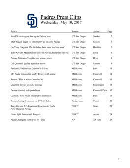 Padres Press Clips Wednesday, May 10, 2017