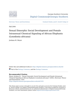 Sexual Dimorphic Social Development and Female Intrasexual Chemical Signaling of African Elephants (Loxodonta Africana)