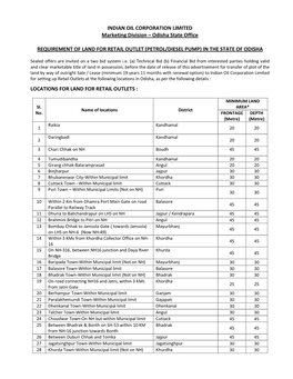 Requirement of Land for Retail Outlet (Petrol/Diesel Pump) in the State of Odisha