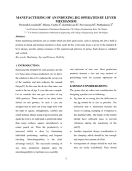 MANUFACTURING of an INDEXING JIG OPERATED by LEVER MECHANISM Premodh Leonarld.R1, Mirma Vashni.S2, Karthikeyan.B3, Poovarasan.M4, Prabhakaran.T5