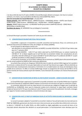 Compte Rendu De La Seance Du Conseil Municipal En Date Du 27/08/2019