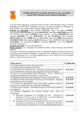 COMPTE RENDU DU CONSEIL MUNICIPAL DE CAZAUBON 18 Mars 2021 À 18 Heures 30 Au Château De Moutiques