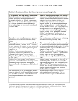 PERSPECTIVES on PROCEDURAL FLUENCY- TEACHING ALGORITHMS