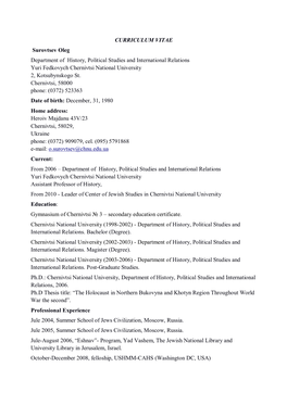 CURRICULUM VITAE Surovtsev Oleg Department of History, Political Studies and International Relations Yuri Fedkovych Chernivtsi National University 2, Kotsubynskogo St