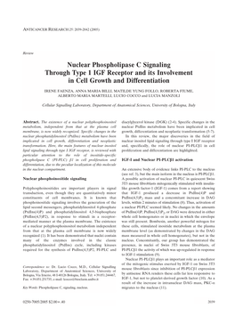 Nuclear Phospholipase C Signaling Through Type 1 IGF Receptor and Its Involvement in Cell Growth and Differentiation