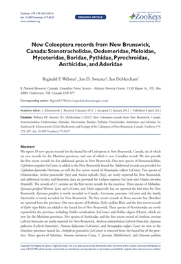 New Coleoptera Records from New Brunswick, Canada: Stenotrachelidae, Oedemeridae, Meloidae, Myceteridae, Boridae, Pythidae, Pyrochroidae, Anthicidae, and Aderidae