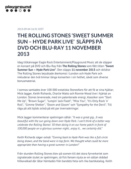The Rolling Stones ‘Sweet Summer Sun – Hyde Park Live’ Släpps På Dvd Och Blu-Ray 11 November 2013