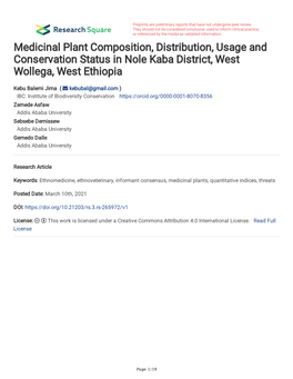 Medicinal Plant Composition, Distribution, Usage and Conservation Status in Nole Kaba District, West Wollega, West Ethiopia