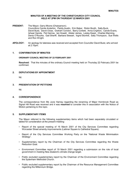 Minutes of a Meeting of the Christchurch City Council Held at 2Pm on Thursday 22 March 2001