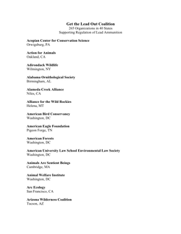 Get the Lead out Coalition 265 Organizations in 40 States Supporting Regulation of Lead Ammunition