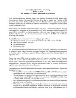 Senate Select Committee on Gaming March 10, 2021 Jeff Berding, Co-Founder & President, FC Cincinnati