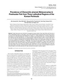 Prevalence of Clonorchis Sinensis Metacercariae in Freshwater Fish from Three Latitudinal Regions of the Korean Peninsula