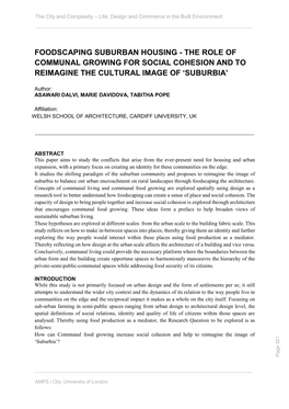 Foodscaping Suburban Housing - the Role of Communal Growing for Social Cohesion and to Reimagine the Cultural Image of ‘Suburbia’