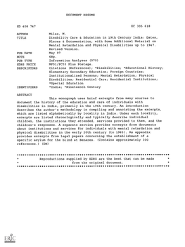 Disability Care & Education in 19Th Century India: Dates, Places & Documentation, with Some Additional Material on Mental Retardation and Physical Disabilities up to 1947. Revised