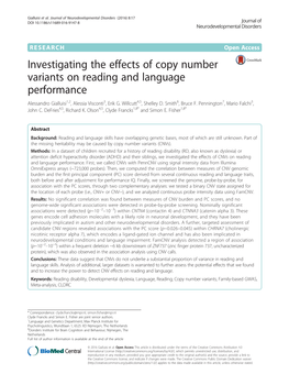 Investigating the Effects of Copy Number Variants on Reading and Language Performance Alessandro Gialluisi1,2, Alessia Visconti3, Erik G