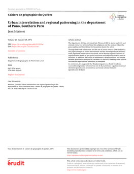 Urban Interrelation and Regional Patterning in the Department of Puno, Southern Peru Jean Morisset