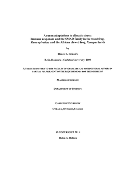 Anuran Adaptations to Climatic Stress: Immune Responses and the SMAD Family in the Wood Frog, Rana Sylvatica, and the African Clawed Frog, Xenopus Laevis
