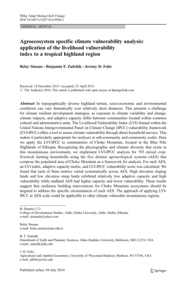 Agroecosystem Specific Climate Vulnerability Analysis: Application of the Livelihood Vulnerability Index to a Tropical Highland Region