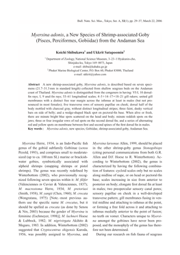 Myersina Adonis, a New Species of Shrimp-Associated Goby (Pisces, Perciformes, Gobiidae) from the Andaman Sea