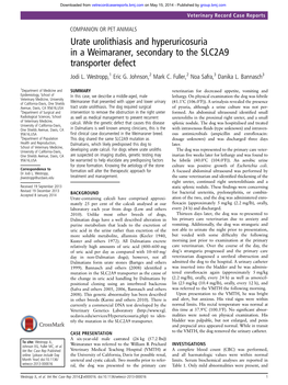 Urate Urolithiasis and Hyperuricosuria in a Weimaraner, Secondary to the SLC2A9 Transporter Defect Jodi L