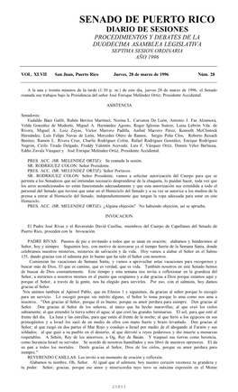 Senado De Puerto Rico Diario De Sesiones Procedimientos Y Debates De La Duodecima Asamblea Legislativa Septima Sesion Ordinaria Año 1996