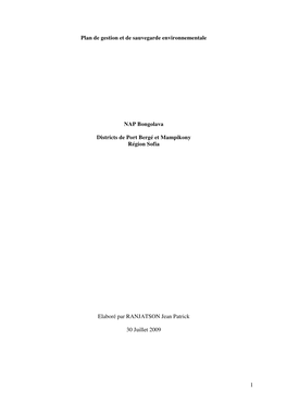 1 Plan De Gestion Et De Sauvegarde Environnementale NAP Bongolava Districts De Port Bergé Et Mampikony Région Sofia Elaboré P