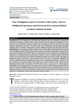 Fear of Happiness and Its Correlates with Gender, Adverse Childhood Experiences and Perceived Stress Among Medical Graduate Students in India