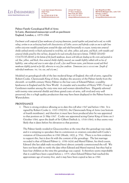 Palmer Family Genealogical Roll of Arms in Latin, Illuminated Manuscript Scroll on Parchment England, London, C