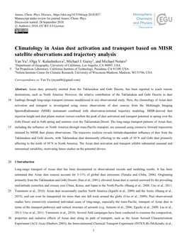 Climatology in Asian Dust Activation and Transport Based on MISR Satellite Observations and Trajectory Analysis Yan Yu1, Olga V