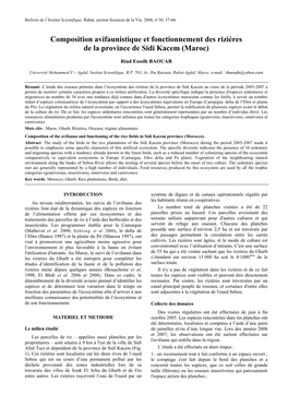 Composition Avifaunistique Et Fonctionnement Des Rizières De La Province De Sidi Kacem (Maroc)