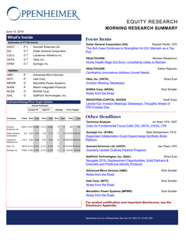 EQUITY RESEARCH MORNING RESEARCH SUMMARY June 13, 2019