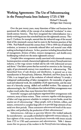 Working Agreements: the Use of Subcontracting in the Pennsylvania Iron Industry 1725-1789 Michael V