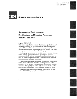 Autocoder (On Tape) Language Specifications and Operating Procedures IBM 1401 and 1460