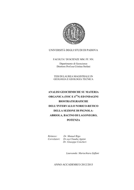 Università Degli Studi Di Padova Analisi Geochimiche Su Materia Organica (Toc E Δ15 N) Ed Indagini Biostratigrafiche Dell'in