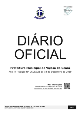 Prefeitura Municipal De Viçosa Do Ceará Ano IV - Edição Nº CCCLXVII De 18 De Dezembro De 2019