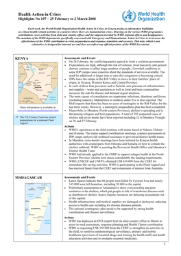 Health Action in Crises Highlights No 197 – 25 February to 2 March 2008